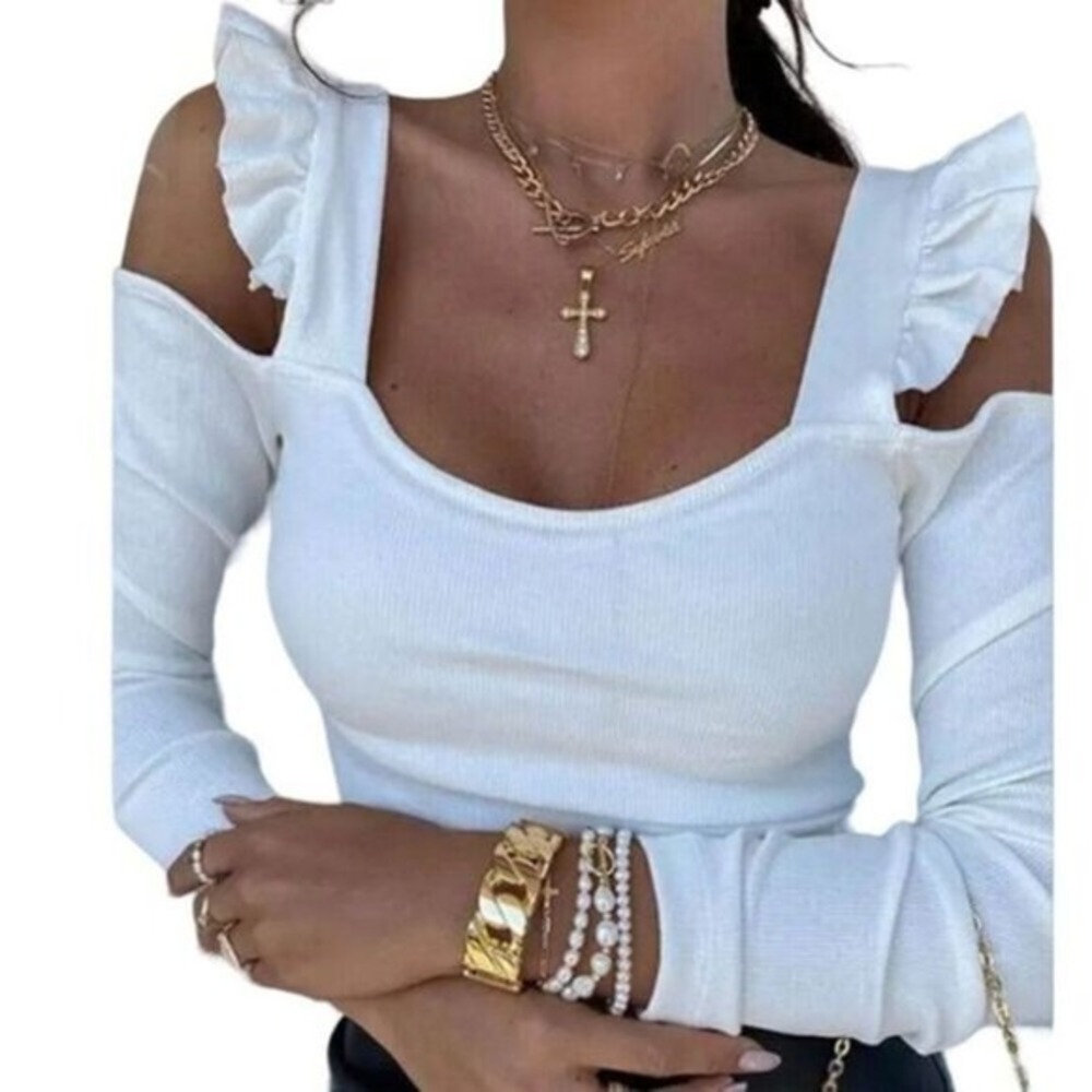 White Ruffle Trim Cold Shoulder Ribbed‎ Knit Tee | Extra Large | NWT #0134